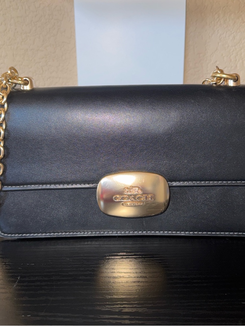 Coach Black Leather Shoulder Bag with Gold-Tone Chain and Logo Plaque